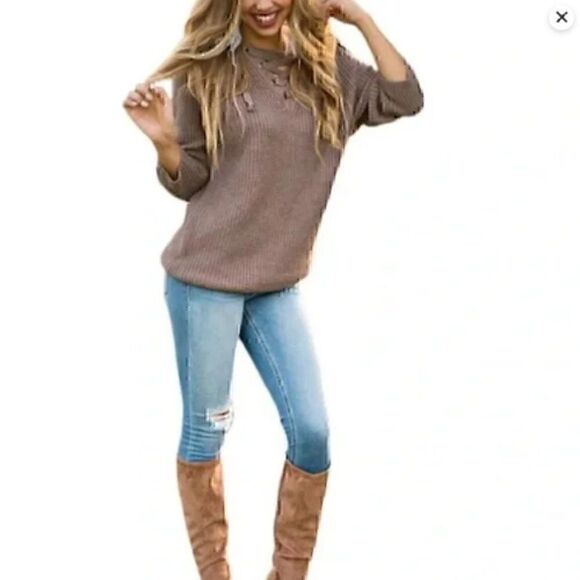 Military Hippe Lace Up V-neck Neck Green Knit Sweater one size - Picture 3 of 14